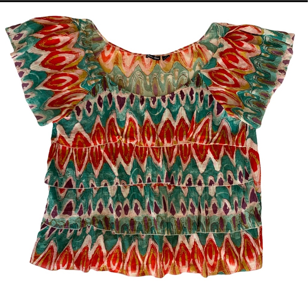 CAREN SPORT Ruffle Tiered Short Sleeve Top Blouse. tropical Jamaica 2X